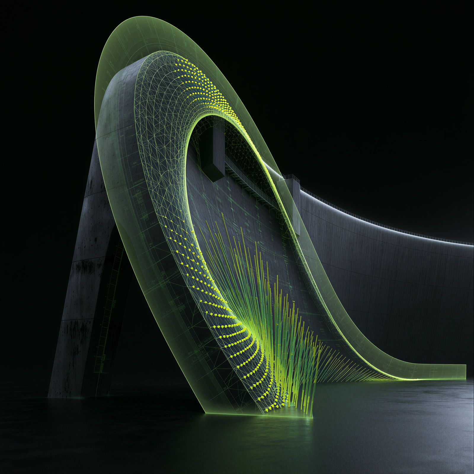 A concrete dam with glowing green motion traces rising along its curved wall.