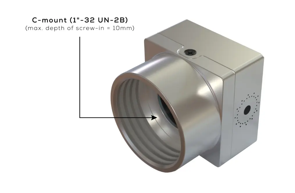 Embra HD C-mount lens interface Embra HD C-mount lens interface: 1-inch, 32 UN-2B thread with a maximum screw-in depth of 10 mm