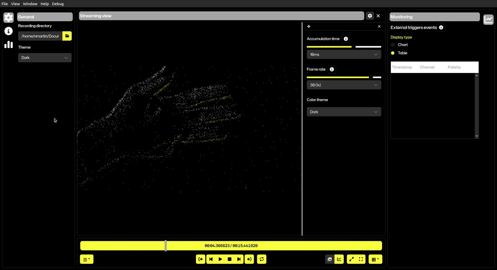 Hearth interface — visualize, record and tune event data Hearth interface: streaming view with accumulation time, frame-rate and external trigger monitoring