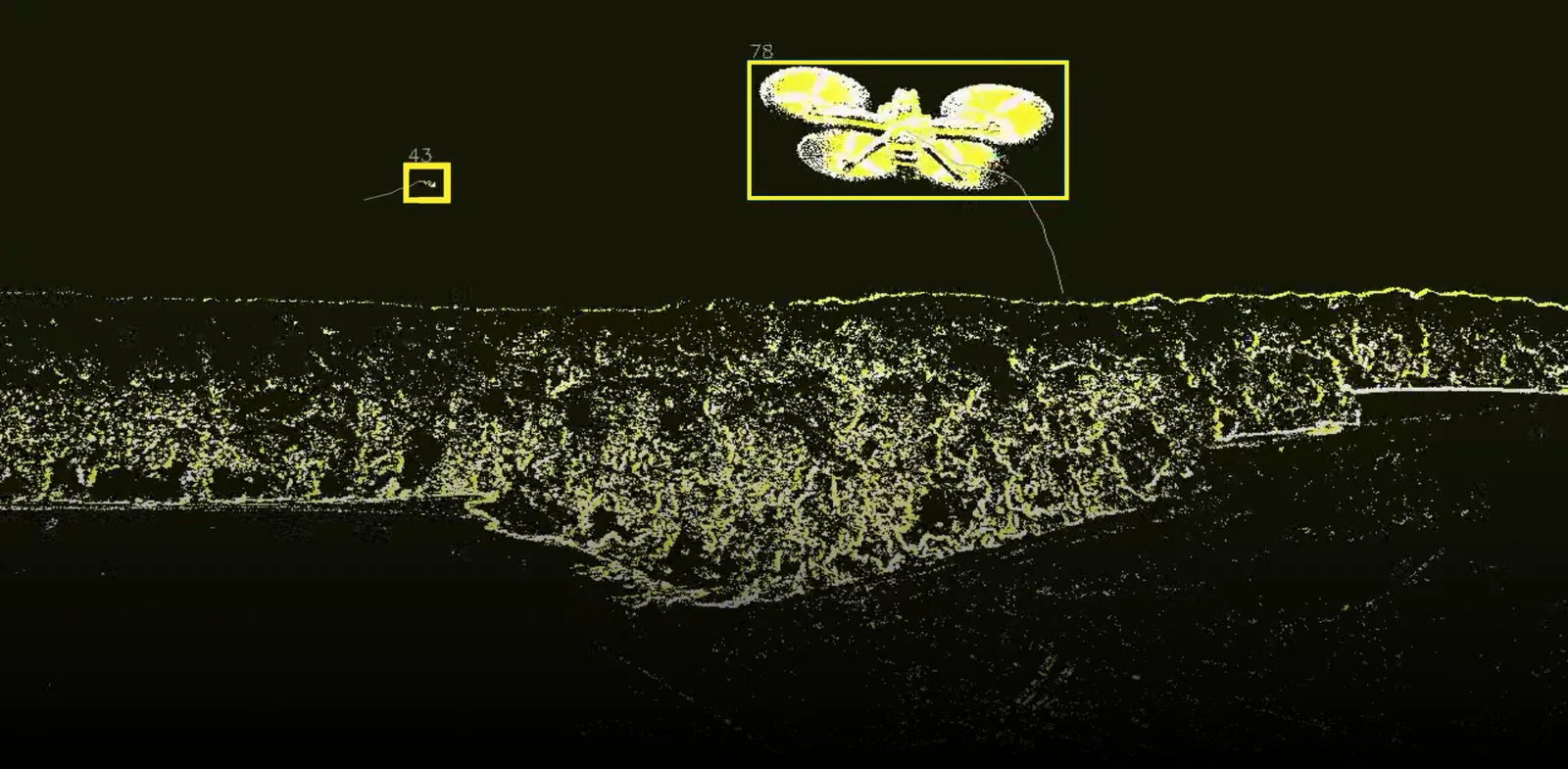 Event-based close-up of a drone detected and tracked in flight, with a second target locked in the distance