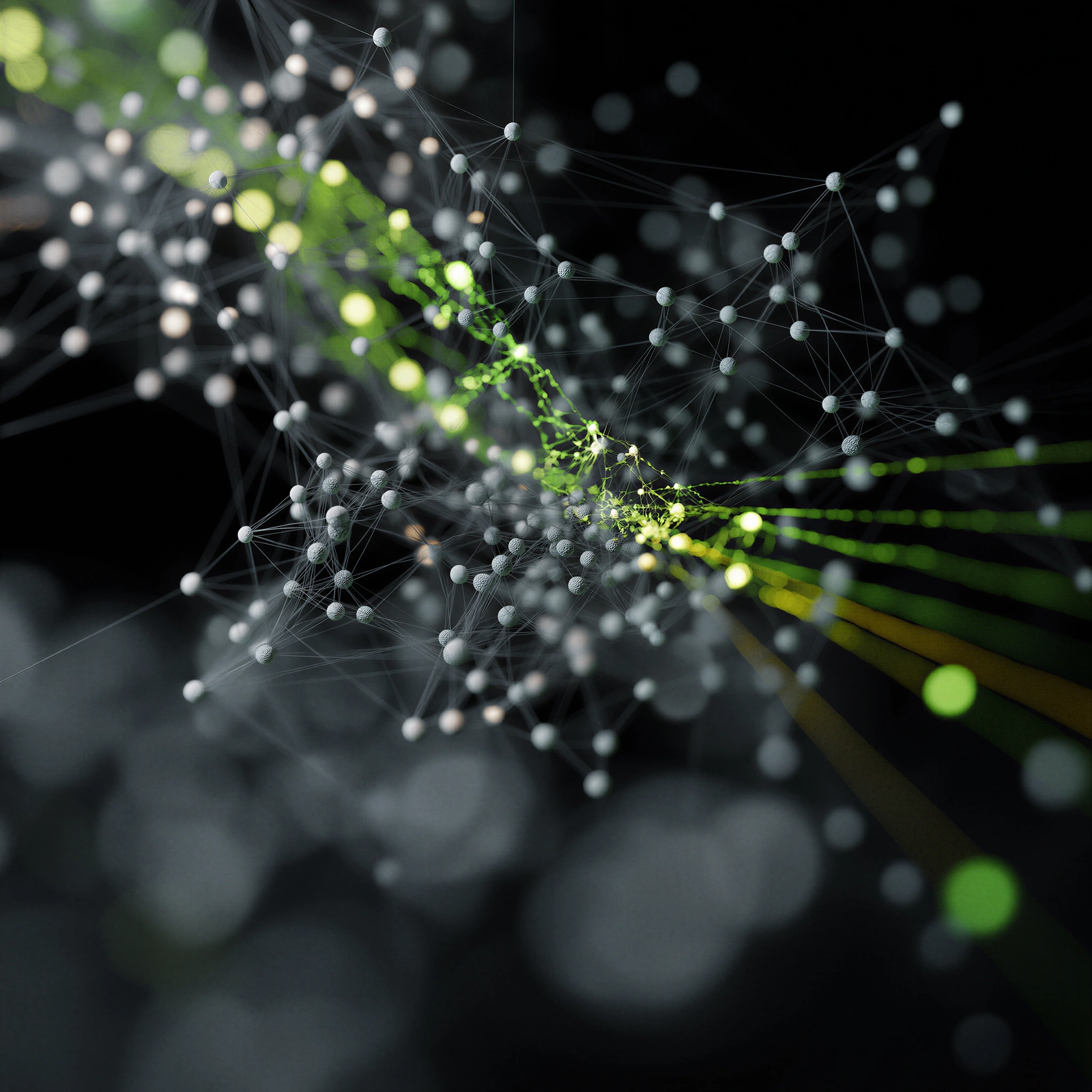 A network of glowing nodes and light streaks on a dark background, evoking scientific data.